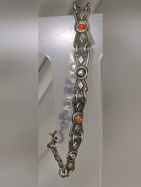 Sterling Silver Link Bracelet with Orange Accent